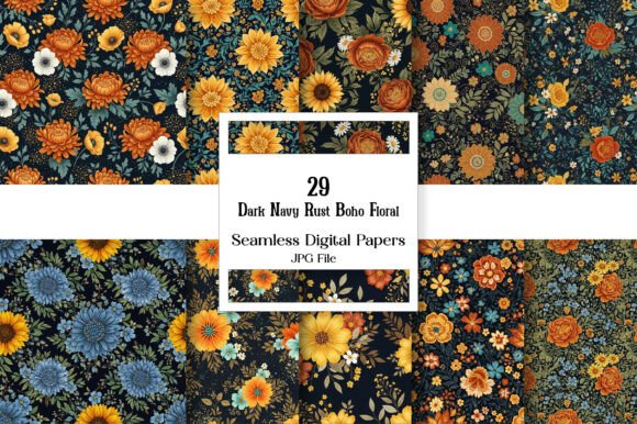 Download Dark Navy Rust Boho Floral Digital Paper - Boho Collection