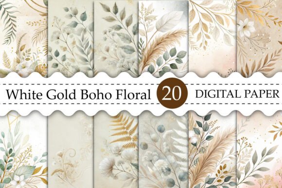 Download White Gold Boho Floral Leaves Background - Boho Collection