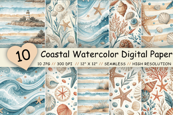 Download Coastal Watercolor Digital Paper Pack - Coast Collection